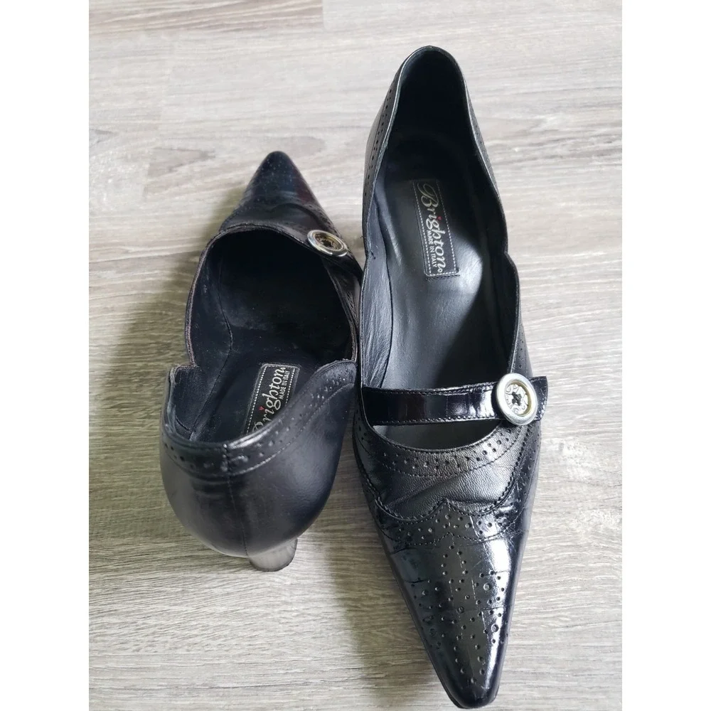 Brighton Trent Sz 7M Heels Black Leather Silver Button Point Toe Shoes Western - Picture 5 of 6